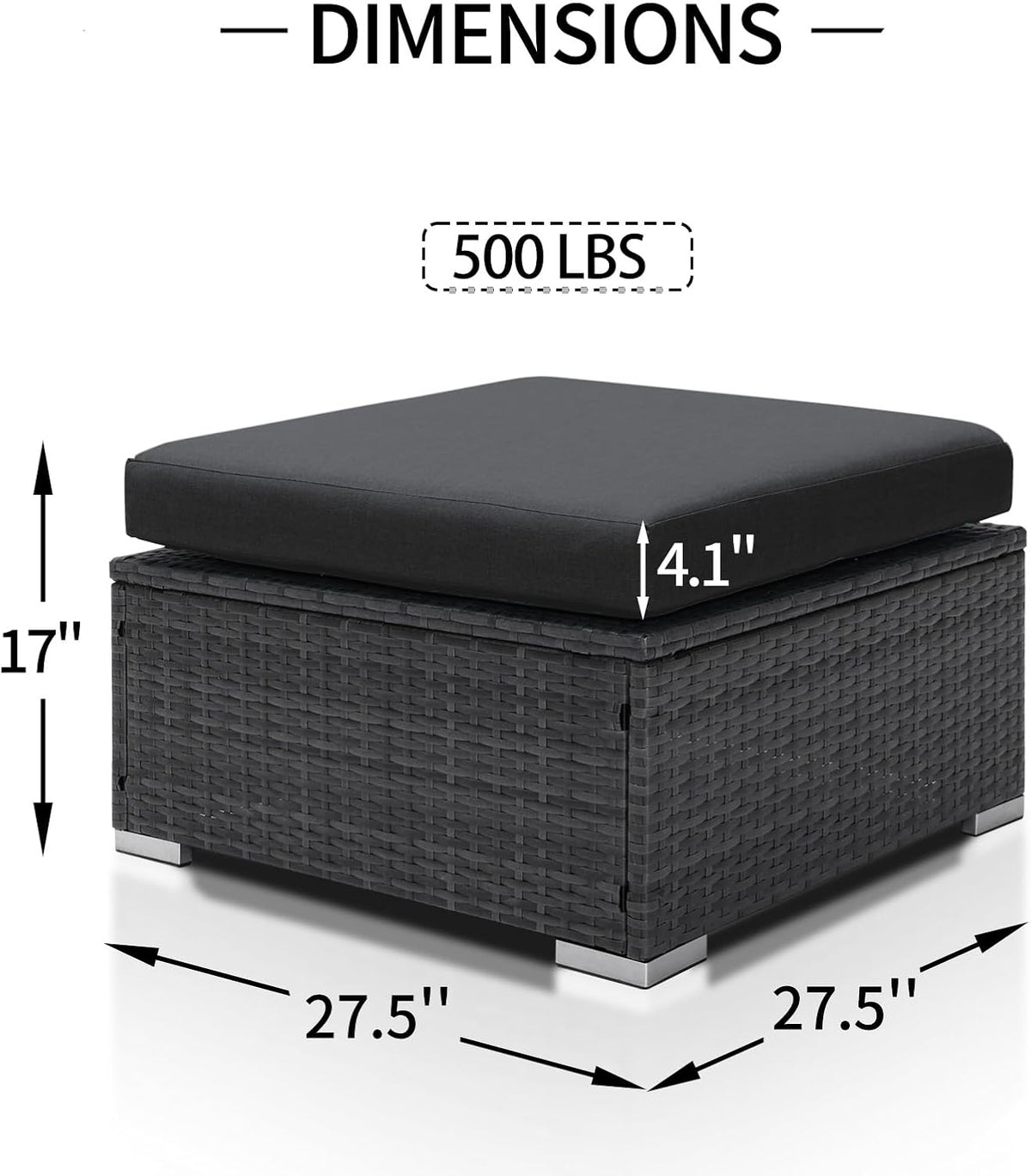 NICESOUL Modern Luxury All-Weather Outdoor Wicker Ottoman Set of 2, 500 Lbs Alloy Steel Frame Footrest, Comfortable Wide Deep Seat 2-Piece Rattan Foot Stool with Padded Cushion for Patio, Dark Gray