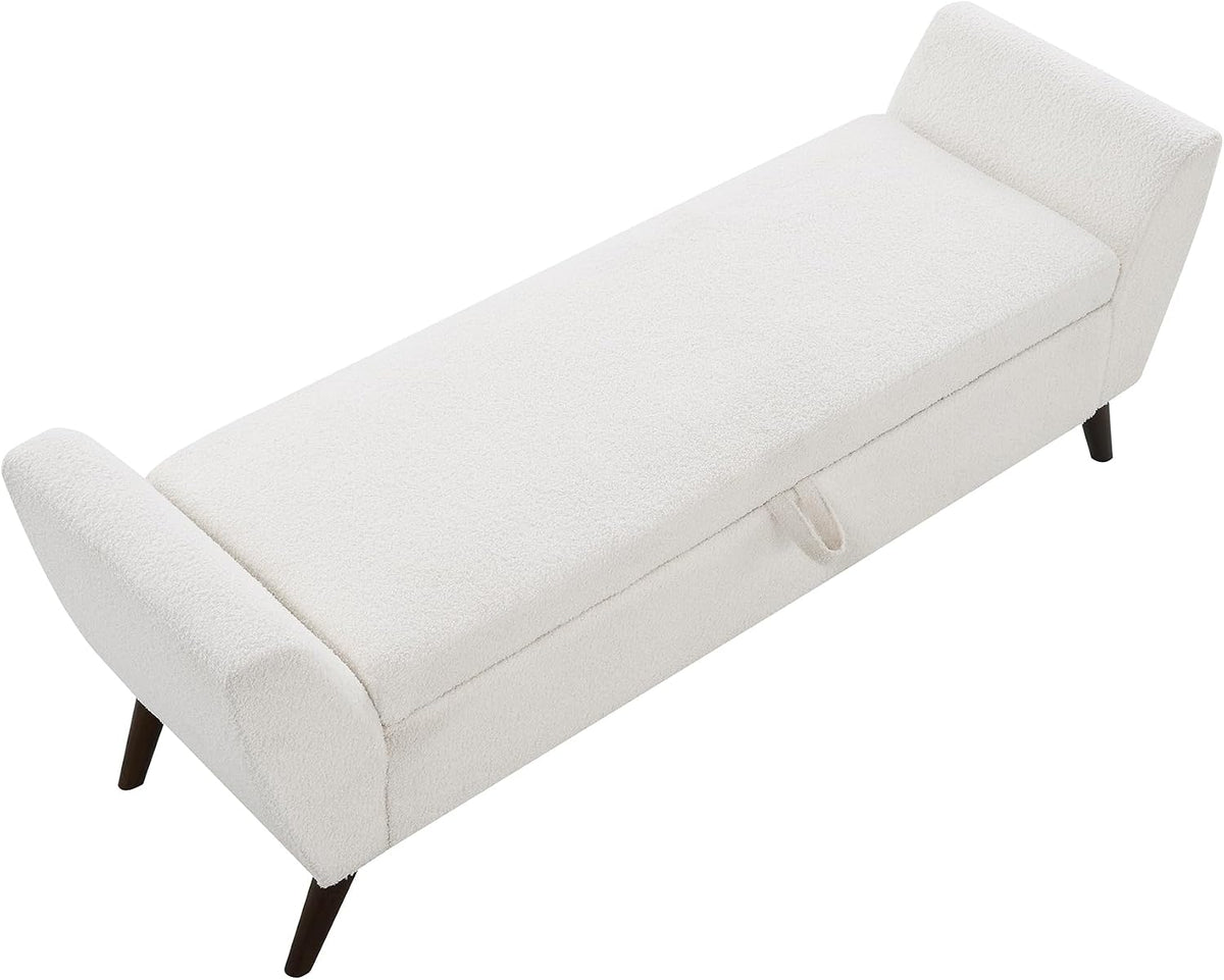 GDFStudio 60" Storage Bench with Seat & Hidden Storage, Teddy Fabric Upholstered Entryway Bedroom Bench, Solid Wood Frame, Rubber Wood Legs, Foam Cushion Seat, Cream