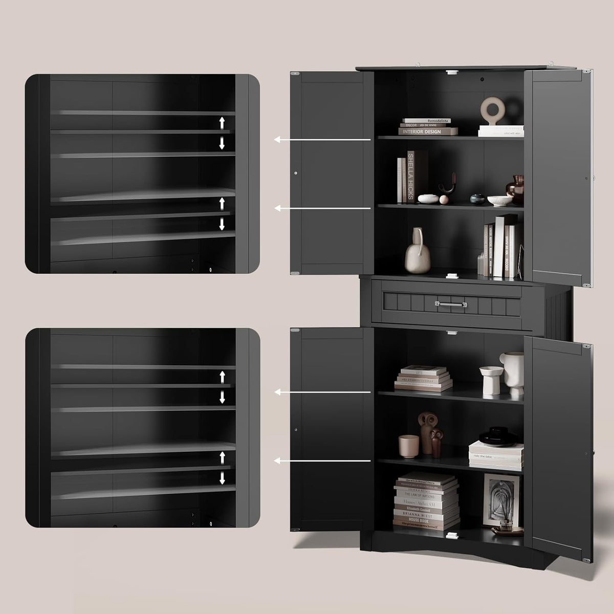 Gizoon 71'' Kitchen Pantry Storage Cabinet, Freestanding Pantry Organizers and Storage Cabinet with 4 Doors and 4 Adjustable Shelves, Tall Cabinet with Large Drawer for Kitchen, Living Room, Bathroom