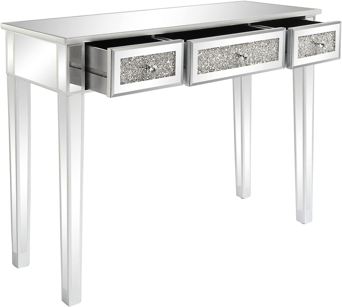 VINGLI Silver Mirrored Vanity Desk, Makeup Vanity Desk, Glass Desk with 3 Drawers, Glass Vanity for Women Girls Bedroom, Makeup Room & Office Writing Desk