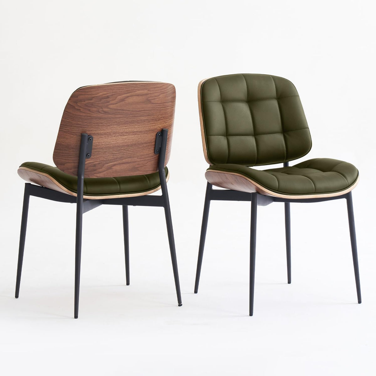 GrandNoor Mid Century Modern Dining Chairs with Walnut Grain Back, Green Faux Leather Dining Room Chairs Set of 4, Checkered Soft Cushion Kitchen Chairs with Adjustable Foot Pads