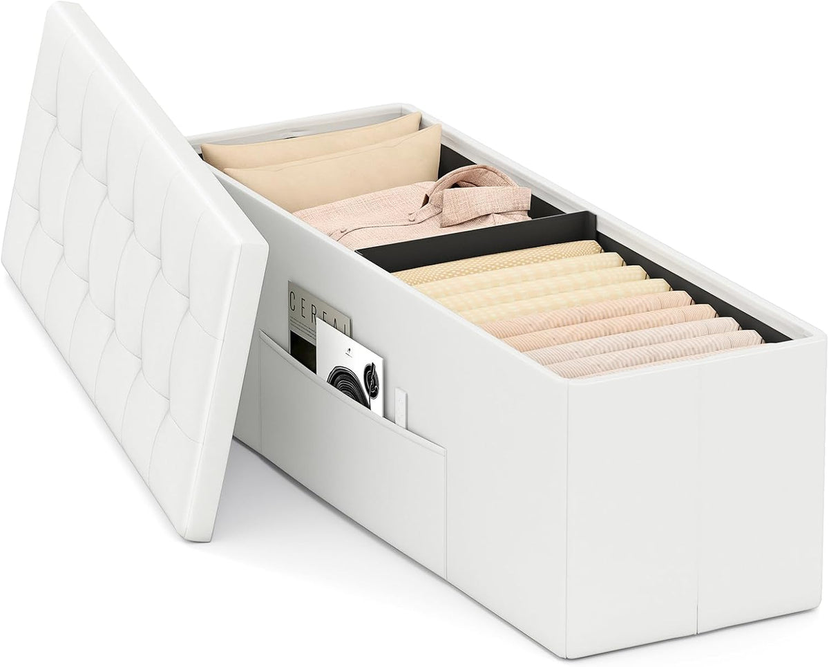 GOFLAME 43 Inches Folding Storage Ottoman Bench, PU Leather End of Bed Bench with Padded Seat and Side Pocket, Large Foot Rest Stool, Storage Chest for Entryway, Living Room, Bedroom, White