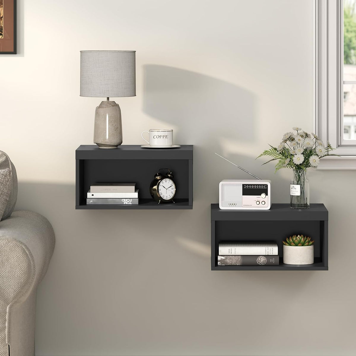 MAHANCRIS Floating Nightstand Set of 2, Wooded Wall Mounted Nightstand, Floating Bedside Table with Open Shelf Cubby, Floating Night Stand Wall Shelf for Bedroom Living Room, Kitchen, Black ETBK4901S2