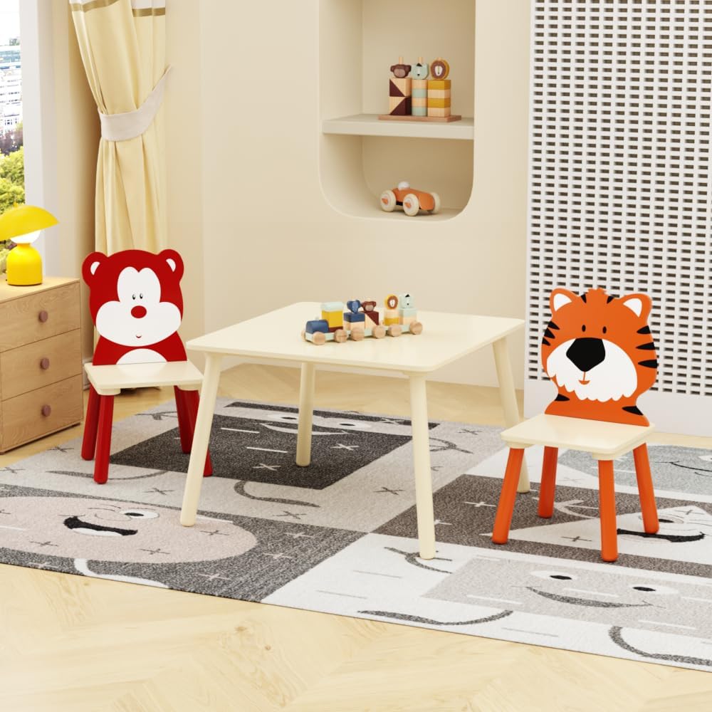 3 Pieces Kids Table and Chairs Set- Wooden Toddler Activity Table and 2 Chair Set with Bear and Tiger Chairs, Play Drawing Table for Daycare Classroom Nursery Home, Natural