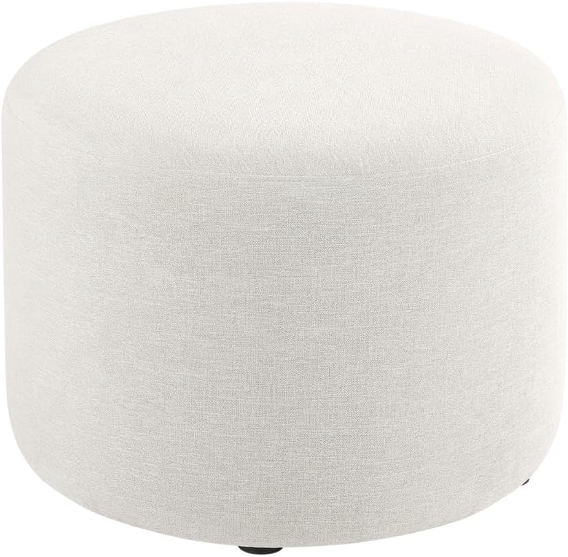 White Woven Heathered Fabric Ottoman, 23-Inch Round, Comfortable Outdoor Lounge Seat, Stylish, Durable for Patio and Garden