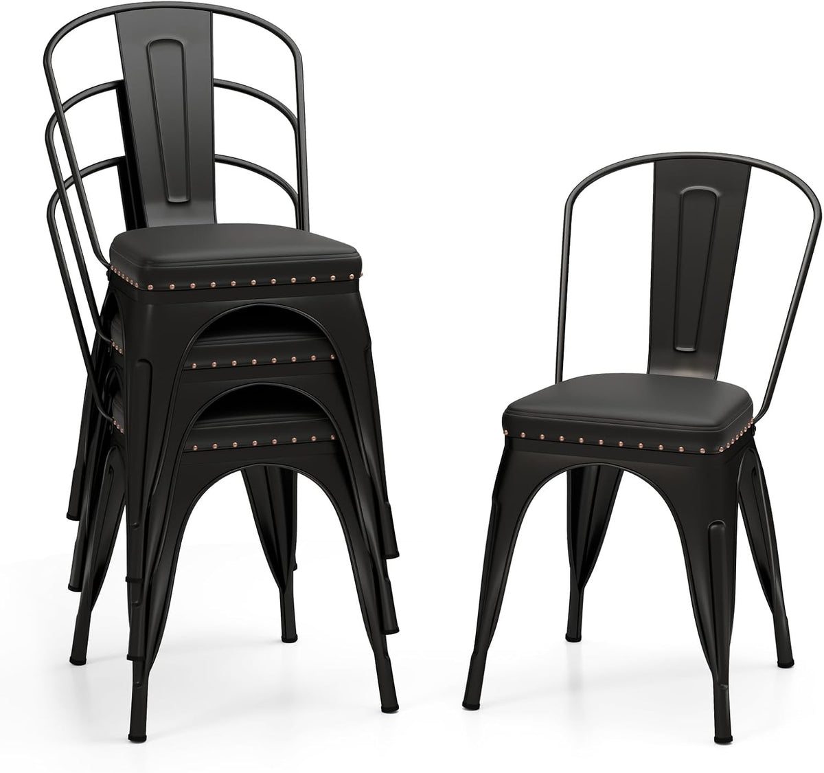 GIANTEX Metal Dining Chairs Set of 4, Stackable Armless Kitchen Side Chair with Detachable Backrest & PU Leather Padded Seat, Modern Dinette Chairs for Dining Room, Cafe, Restaurant, Bar (Black)