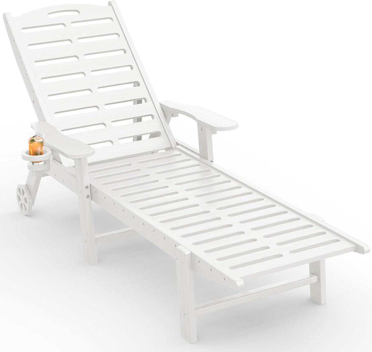 Ciokea Outdoor Chaise Lounge Chair, 5-Position Adjustable, White | HDPE All-Weather Chaise Lounge, UV Resistant, Armrests, Wheels, Cup Holder, 350 lbs Capacity, Outdoor Relaxation
