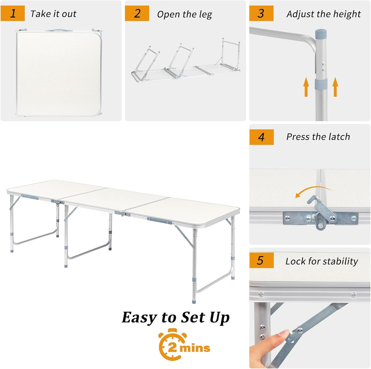6FT Folding Dining Table, Portable Aluminum Picnic Table with Adjustable Height, Foldable Lightweight Collapsible Camp Table Desk with Carrying Handle for Indoor Outdoor Activities Events