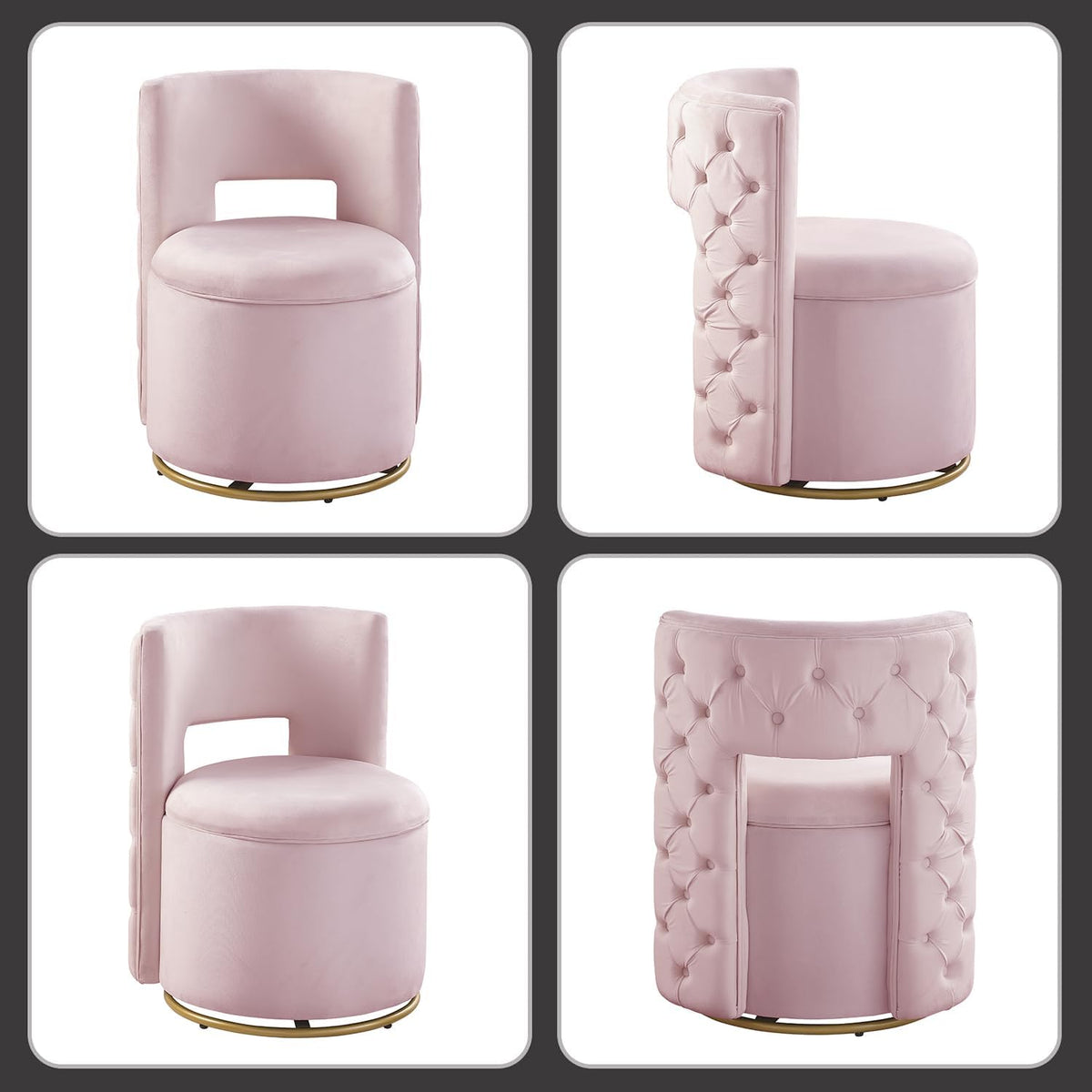 Swivel Chair with Storage for Living Room, Round Velvet Vanity Chair with Tufted Button Back, Pillow Included (Pink)