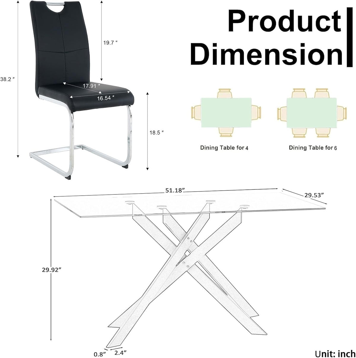 Modern Black Glass Dining Table Set for 6, Glass Kitchen Table and Chairs Set of 6, 7 Piece Dining Table Set with 51" Rectangle Dinner Tables and 6 PU Leather Dining Chairs
