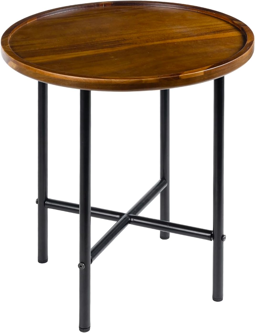 MyGift Round End Table, Premium Acacia Solid Wood End Table with 19 Inch Wooden Top and Black Metal Frame, Small Side Table for Home Living Room Bedroom Furniture