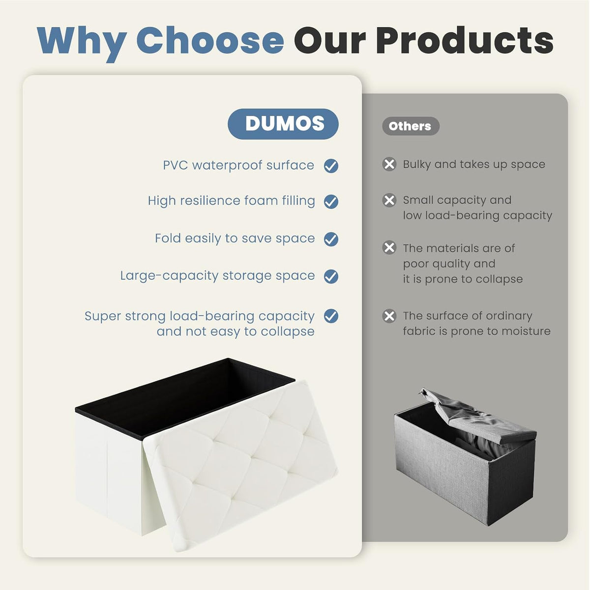 DUMOS 30 Inches Folding Ottoman with Storage Bench, Foot Rest Stool, End of Bed Storage Bench Upholstered, Load 660 lbs, for Living Room, Lychee Grain Leather, Beige