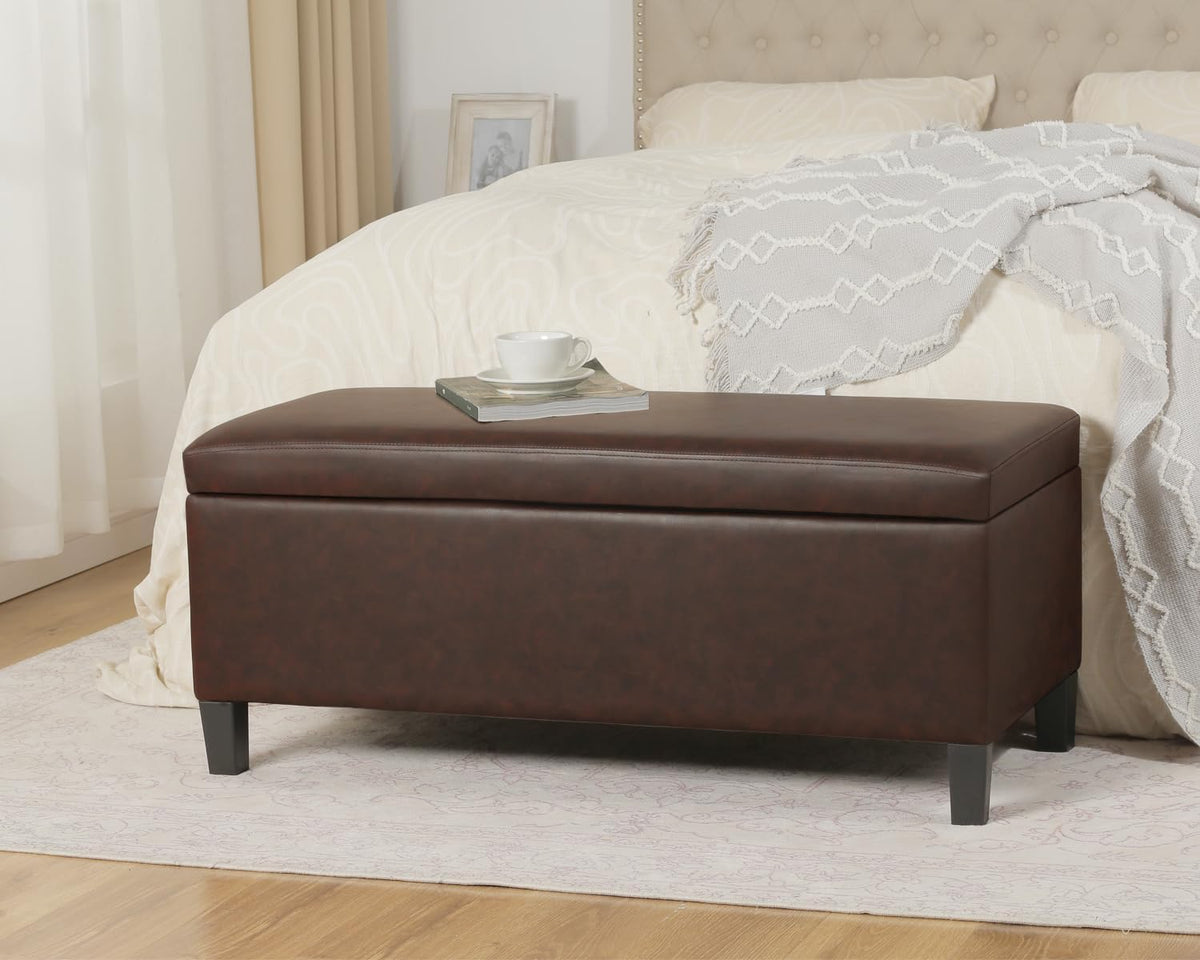 Adeco 42" Storage Leather Bench for Living Room – Black & Red Two-Tone End of Bed Storage Bench, Multi-Functional Top-Lift Coffee Table Ottoman with Storage for Bedroom or Entryway