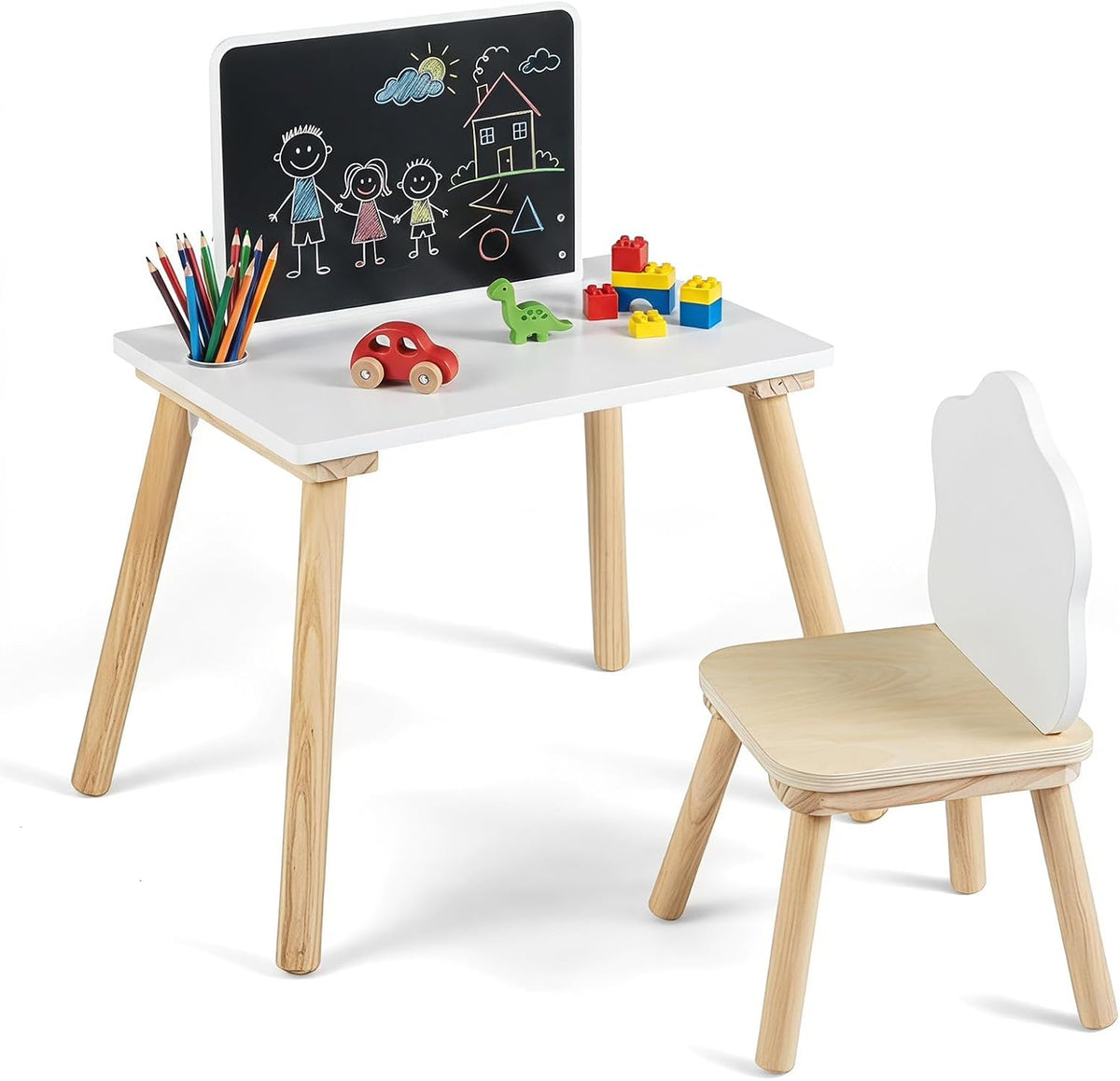 Costzon Weaning Table and Chair Set with Chalkboard | Wooden Kids Table and Chair Set with Brush Pot for Drawing, Learning and Mealtime, Multi Activity Desk for Toddlers