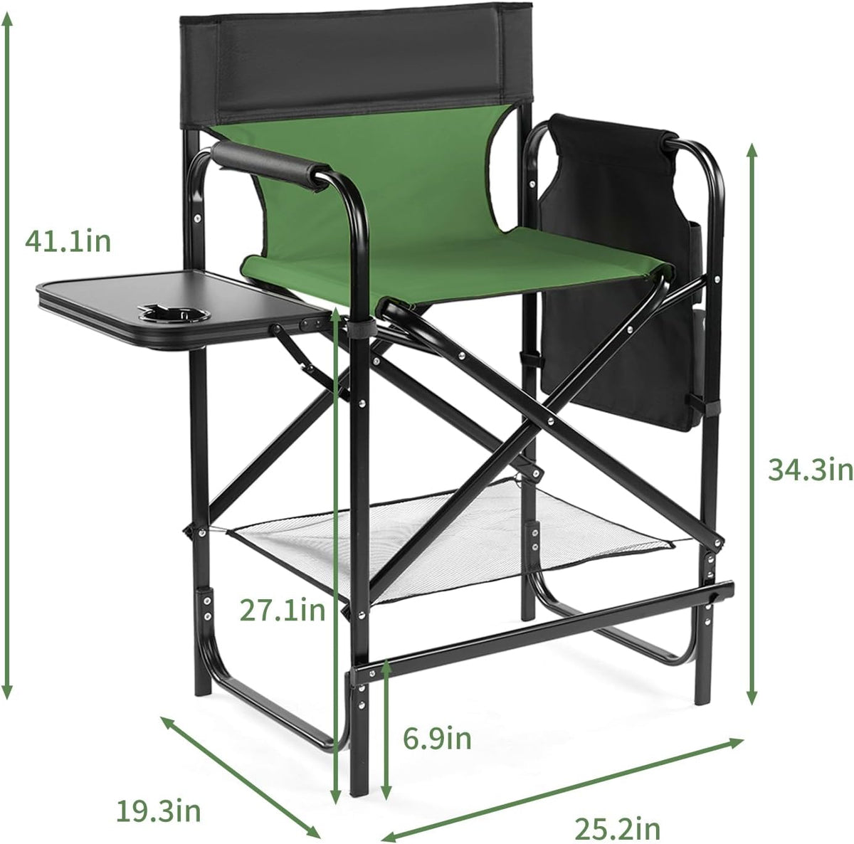 26" Tall Directors Chair, Outdoor Height Seat Folding Chair with Side Table & Storage Bag, Support for 300Lbs, Portable Makeup Artist Chair with Bar Height (Green)