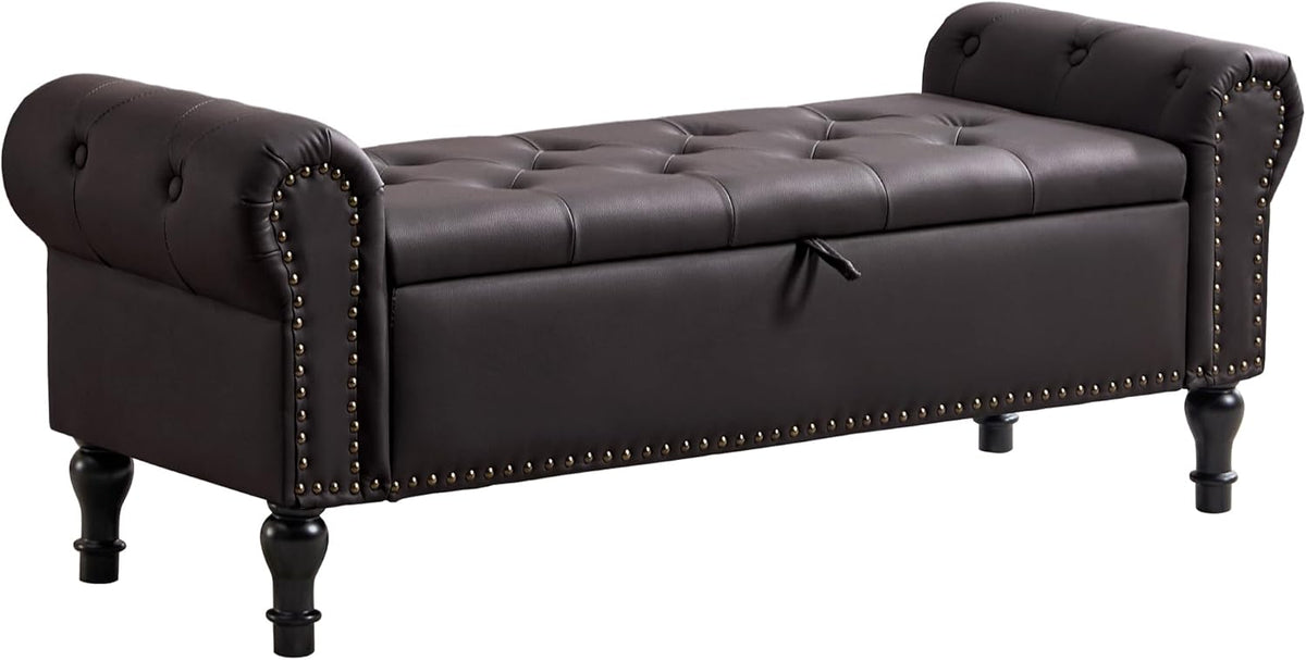 51" Storage Bench for Bedroom, Faux Leather End of Bed Bench, Queen Size Bench with Rolled Arms, Tufted Storage Ottoman Benches, Upholstered Bench for Bedroom, Living Room, Entryway, Dark Brown