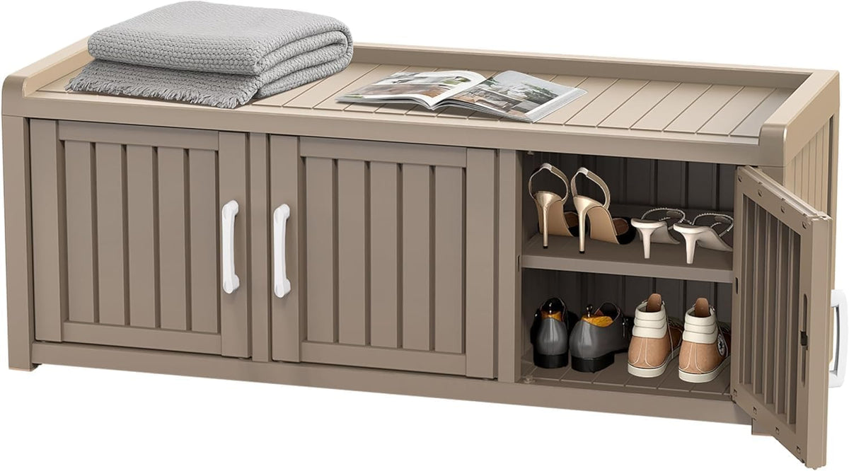 EasyUp Outdoor Shoes Storage Bench, Waterproof Resin Shoe Cabinet, Shoe Bench Entryway,2-Tier Hallway Shoes Rack with Adjustable Shelves for Entryway, Living Room, Bedroom(Grey,3 Door)