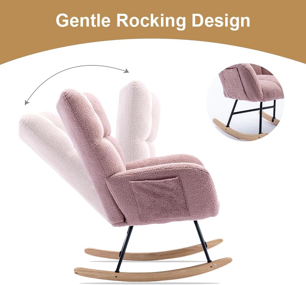 Rocking Chair Nursery, Teddy Upholstered Glider Rocker with High Backrest, Reading Chair Modern Rocking Accent Chairs Glider Recliner for Living Room, Nursery, Bedroom,Pink