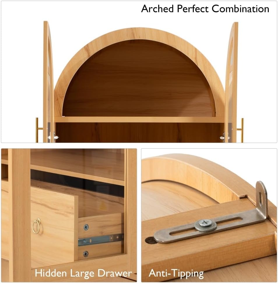 71 Inch Arched Kitchen Pantry Cabinet with Glass Doors and Hidden Drawer, Farmhouse Storage Four Door Cupboard with Internal Door Shelves, Adjustable Shelving and Anti-Tip Kit (Natural)