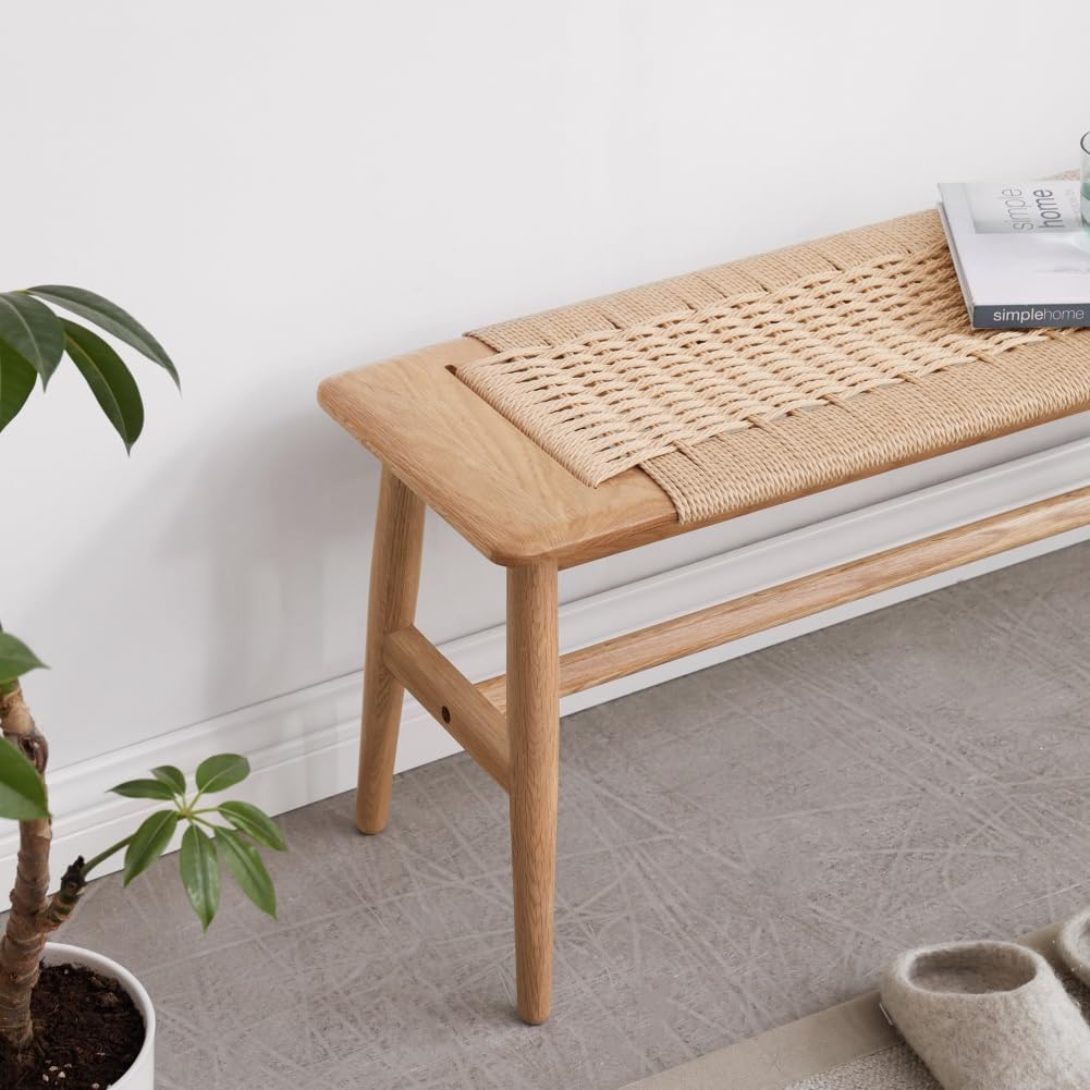 Wood Dining Bench with Hand Woven Rattan Seat, Farmhouse Entryway Bench for Bedroom, Kitchen, Living Room (Oak+Wood)