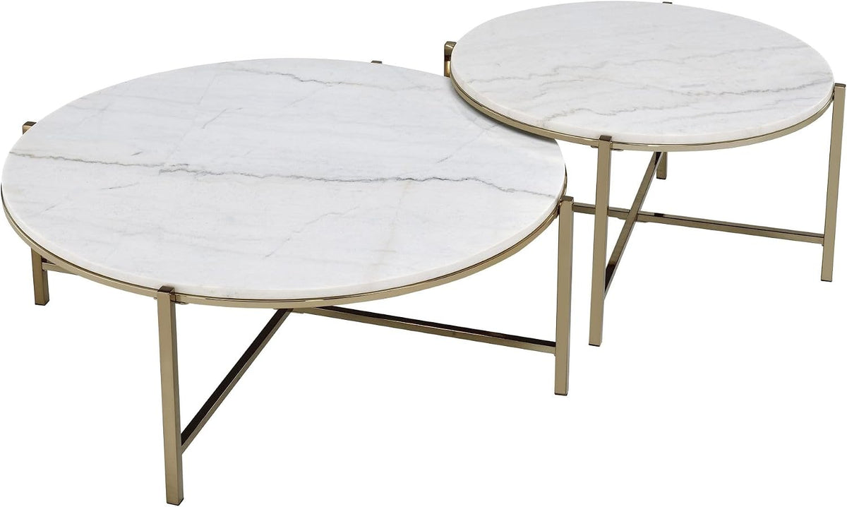 Marble Top & Nickel Finish Nesting Table Set with White | Luxurious 2-piece nesting table set with natural marble tops and nickel finish