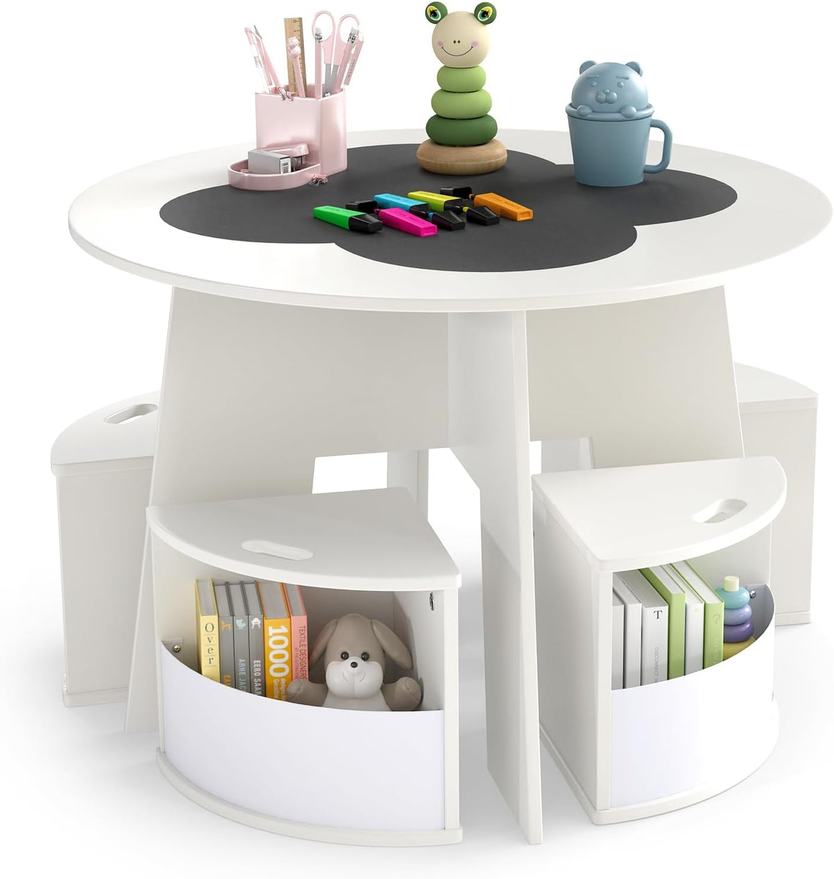 HONEY JOY White Kids Table and Chair Set, Children Activity Play Table with 4 Storage Stools for Art Craft, Nesting Design Toddler Table and Chair Set for Playroom, Daycare, Gift for Boys Girls