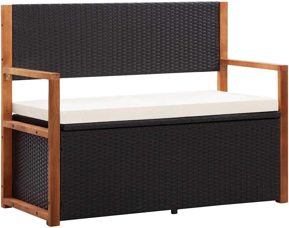45.3" Outdoor Storage Bench - Poly Rattan Garden Bench with Solid Acacia Wood Armrests, Large Capacity Patio Seat with Removable Cushion for Backyard, Porch and Indoor Use, Black