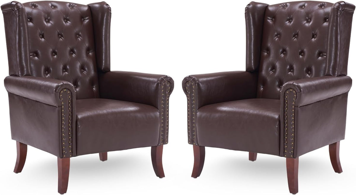 Modern Accent Chair Set of 2, Mid-Century Faux Leather Armchair Upholstered Club Sofa Chair with Wooden Legs, High Back Living Room Chair for Bedroom, Office, Lounge (Caramel)