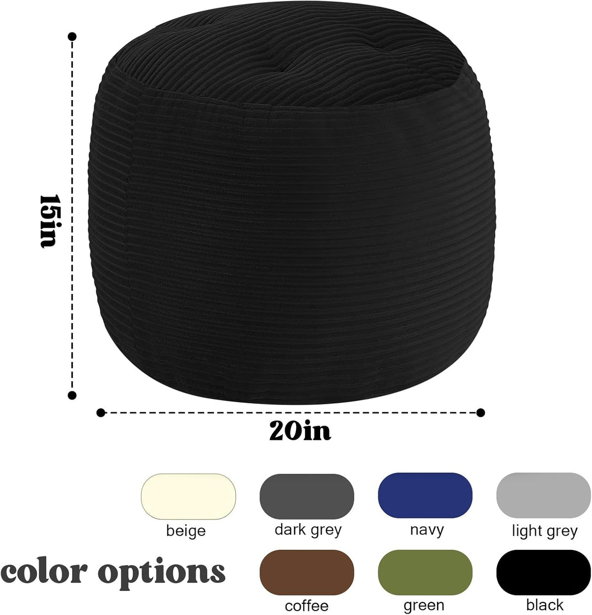 MeMoreCool Round Pouf Ottoman 20x15 Inch, Corduroy Floor Footstool, Black | Soft Foam Chunk Filled Floor Pouf, Comfy Foot Rest for Couch, Living Room, Bedroom, Kids Room