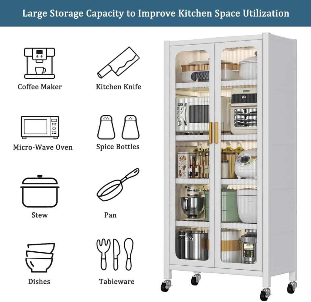 65" Kitchen Pantry Storage Cabinet - Metal 6-Tier Cabinet Transparent Doors with Wheels & Adjustable Shelves for Living Dining Room (White)