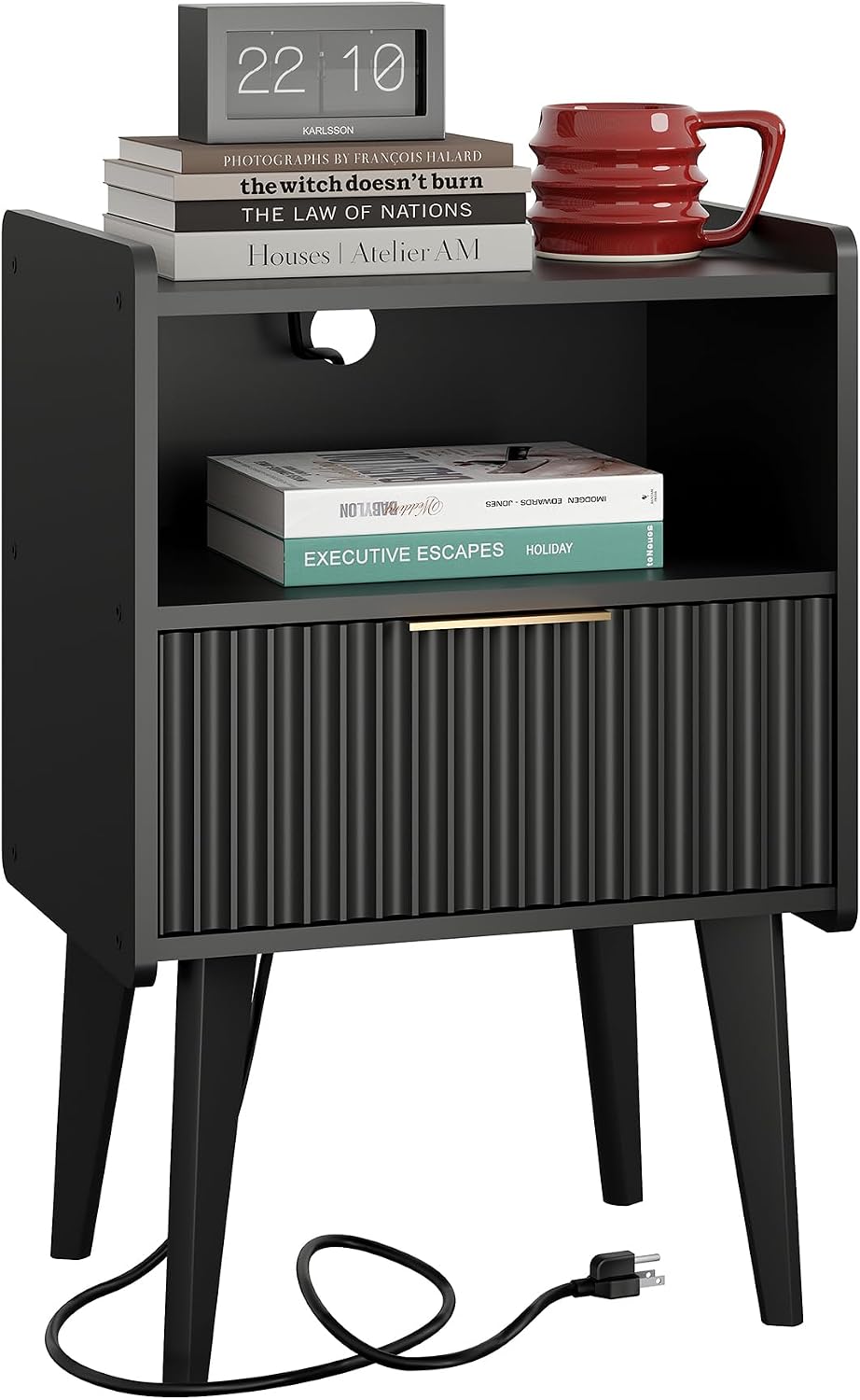 YAUKOMEL Fluted Nightstand with Charging Station, Modern Bedside Table with Drawer,Black Nightstand with Solid Wood Legs, End Table,Side Table for Living Room,Bedroom Black CTG57BKE