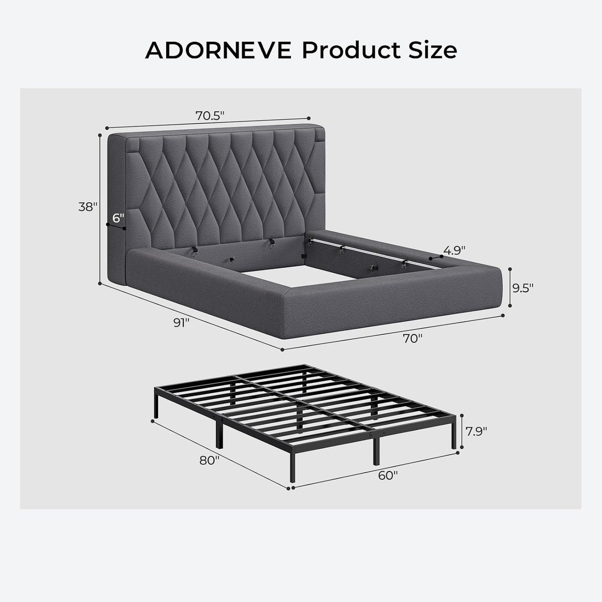 ADORNEVE Upholstered Cloud Bed Frame Queen with 5.9" Thick Headboard, Grey