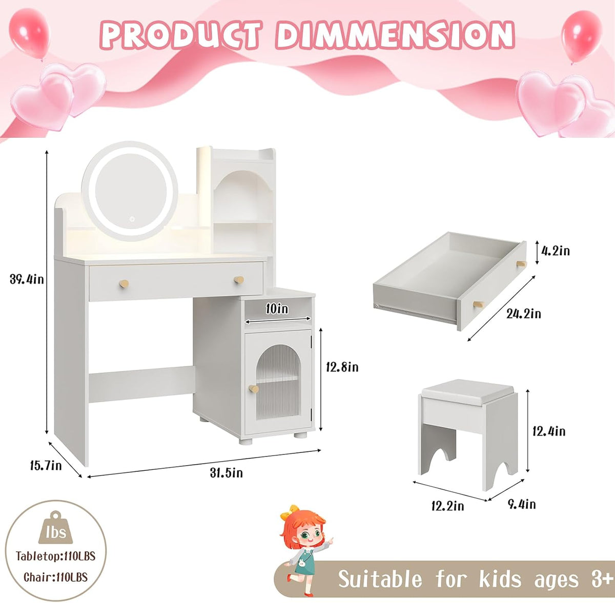 Vabches Kids Vanity with Mirror & Lights,Princess Toddler Vanity Table | 2 in 1 Princess Makeup Vanity Desk Wooden Pretend Play Vanity Desk and Chair Set for Little Girls,White