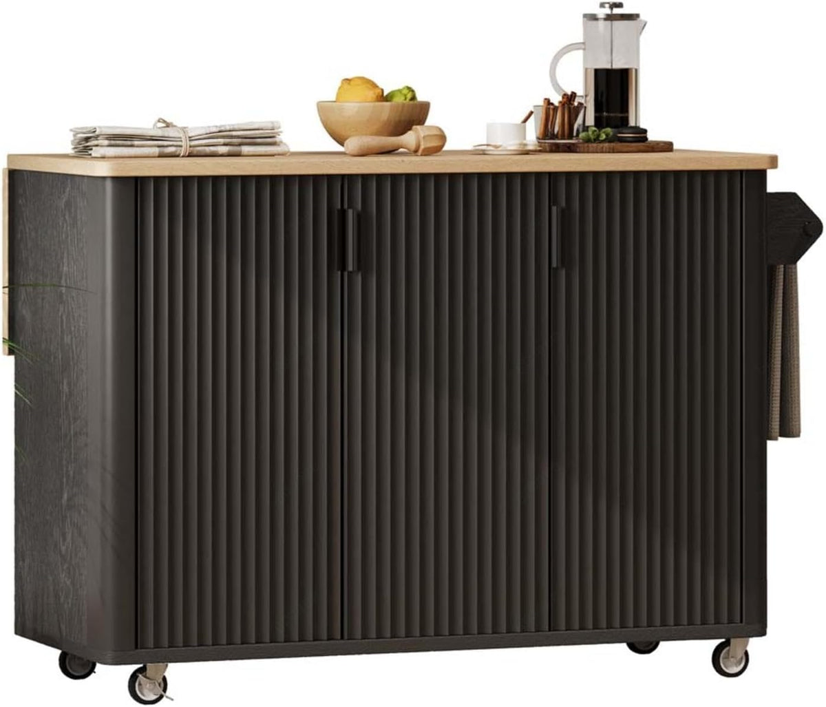 Rolling Kitchen Island with Drop Leaf Height-Adjustable Shelves, Kitchen Island Black with Wheels Towel Rack， for Kitchen, Dining Room, Black