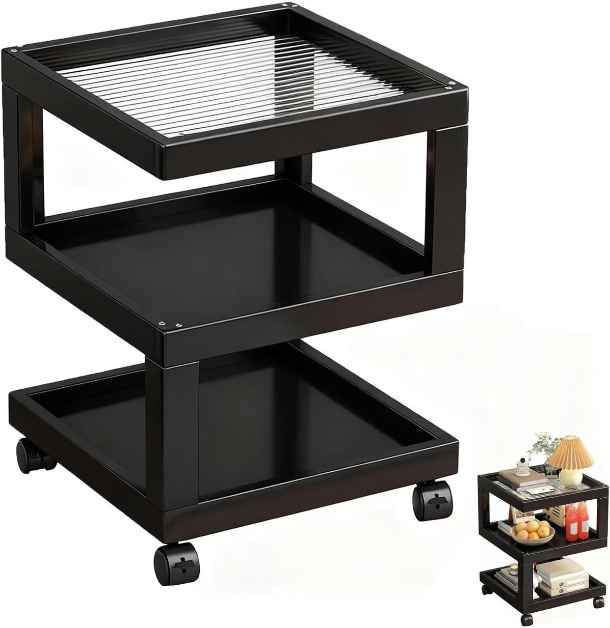 Bedroom Nightstand Cart Mobile Multi-Function Shelf with Lockable Casters, Storage Cart with Wooden Frame for Kitchen Living Room, S-Shaped End Table Bedside Table, Black 11.8x11.8x22in