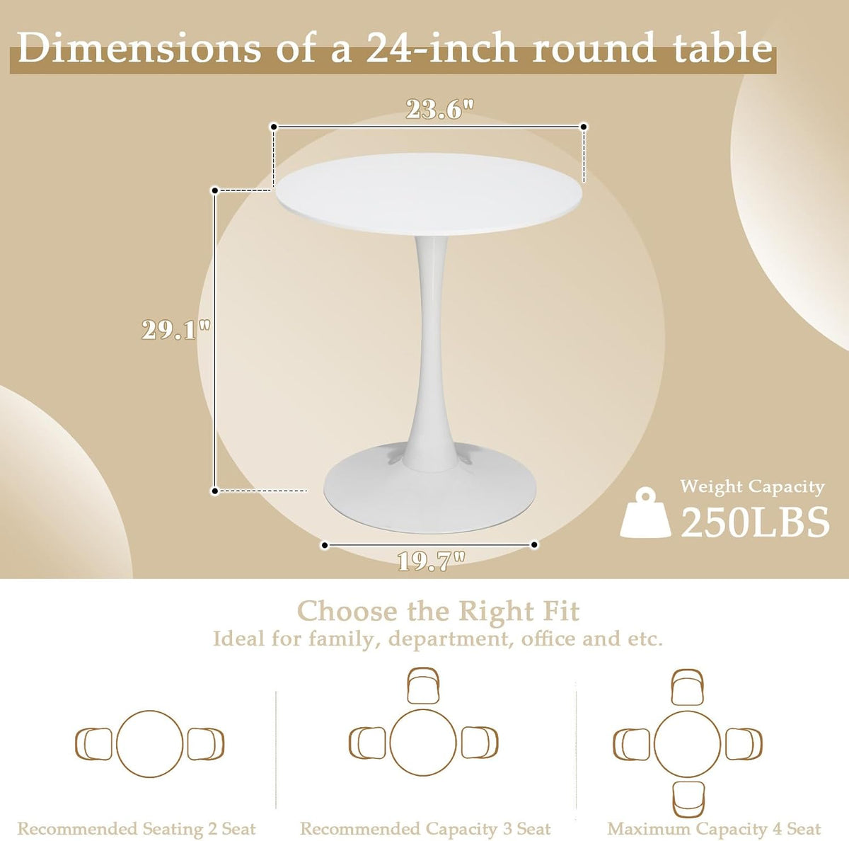 Dining Table and Dining Chair Set 23.6" White Round Table&2 Boucle Upholstered Golden Legs Chairs for Kitchen Dining Room Small Space 3 Piece Dining Table and Chair Set（Beige）