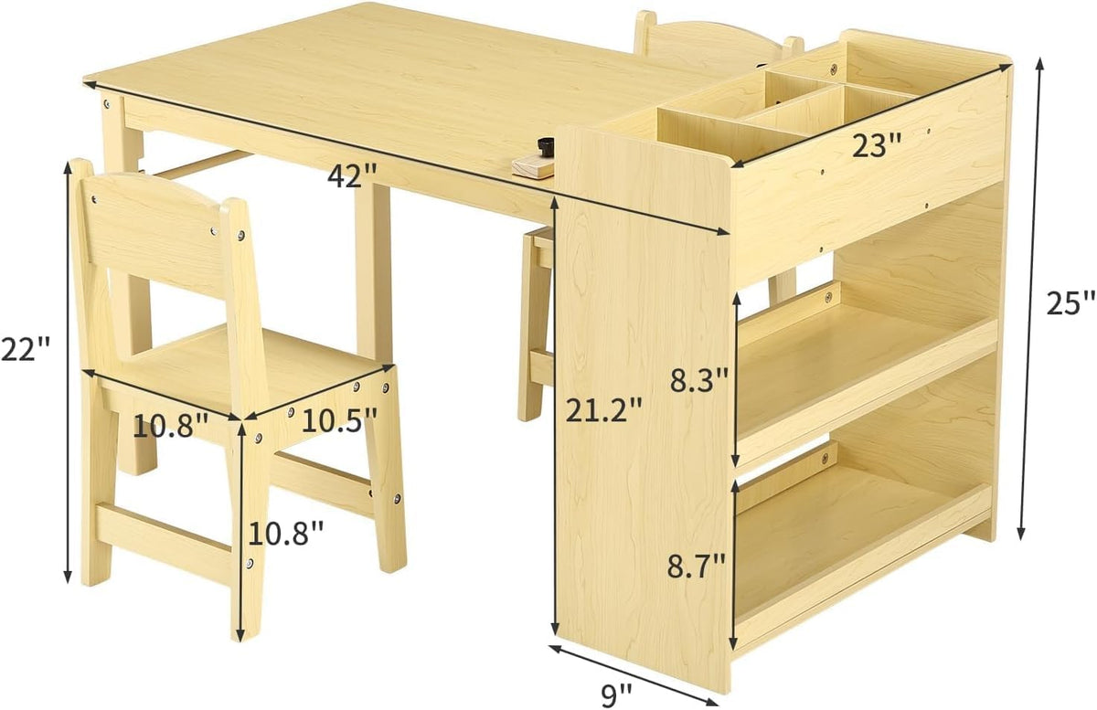 Kids Art Table with 2 Chairs, Toddler Craft Desk with Large Shelves Storage for Drawing & Writing, Activity Craft Table, with Paper Roller Wooden Furniture for Ages 2-10