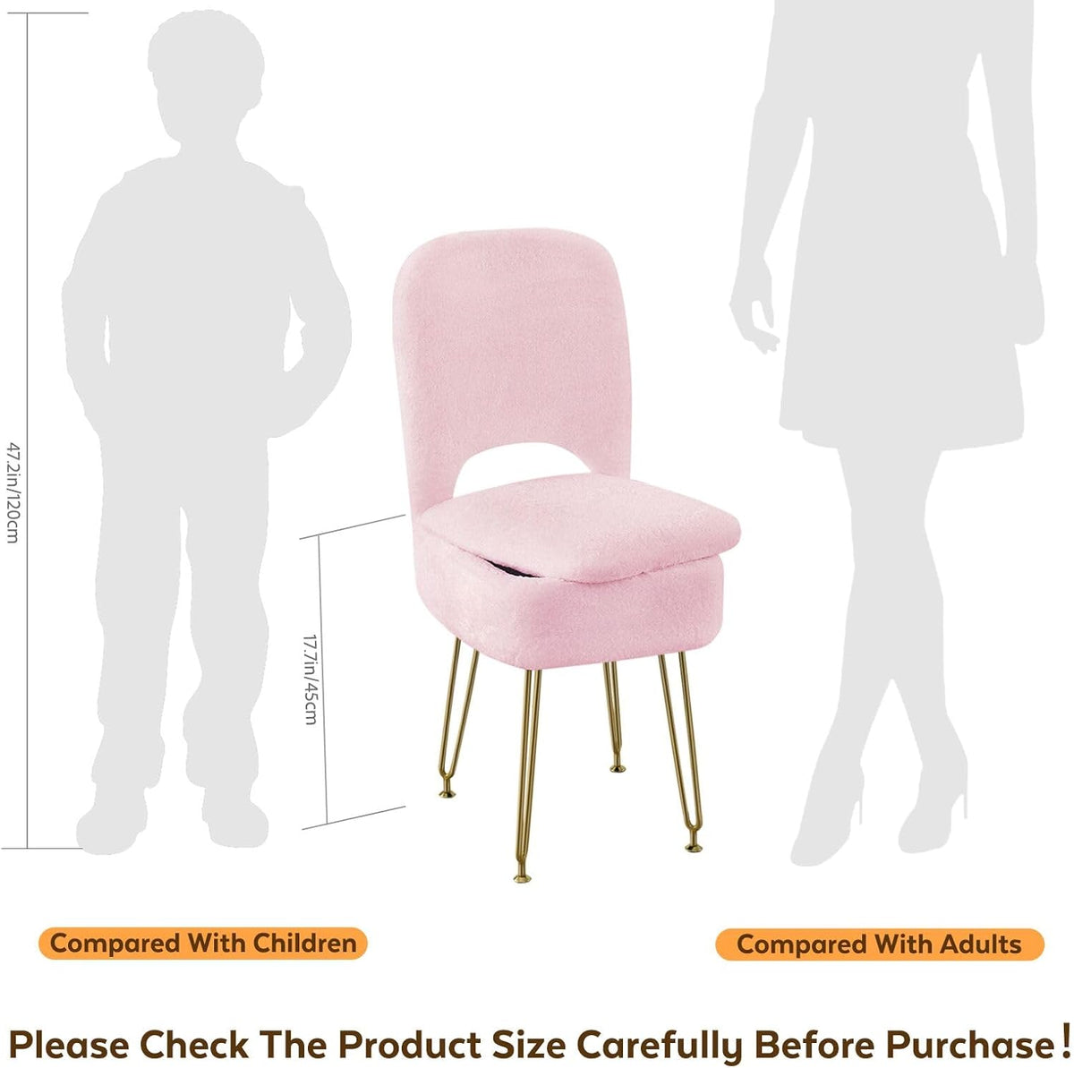 BRIAN & DANY Vanity Chair with Storage and Folding Back, Faux Fur Square Storage Chair, Vanity Stool Chair with 4 Metal Legs for Bedroom, Living Room and Makeup Stations, 13.4"x 15"x 30", White