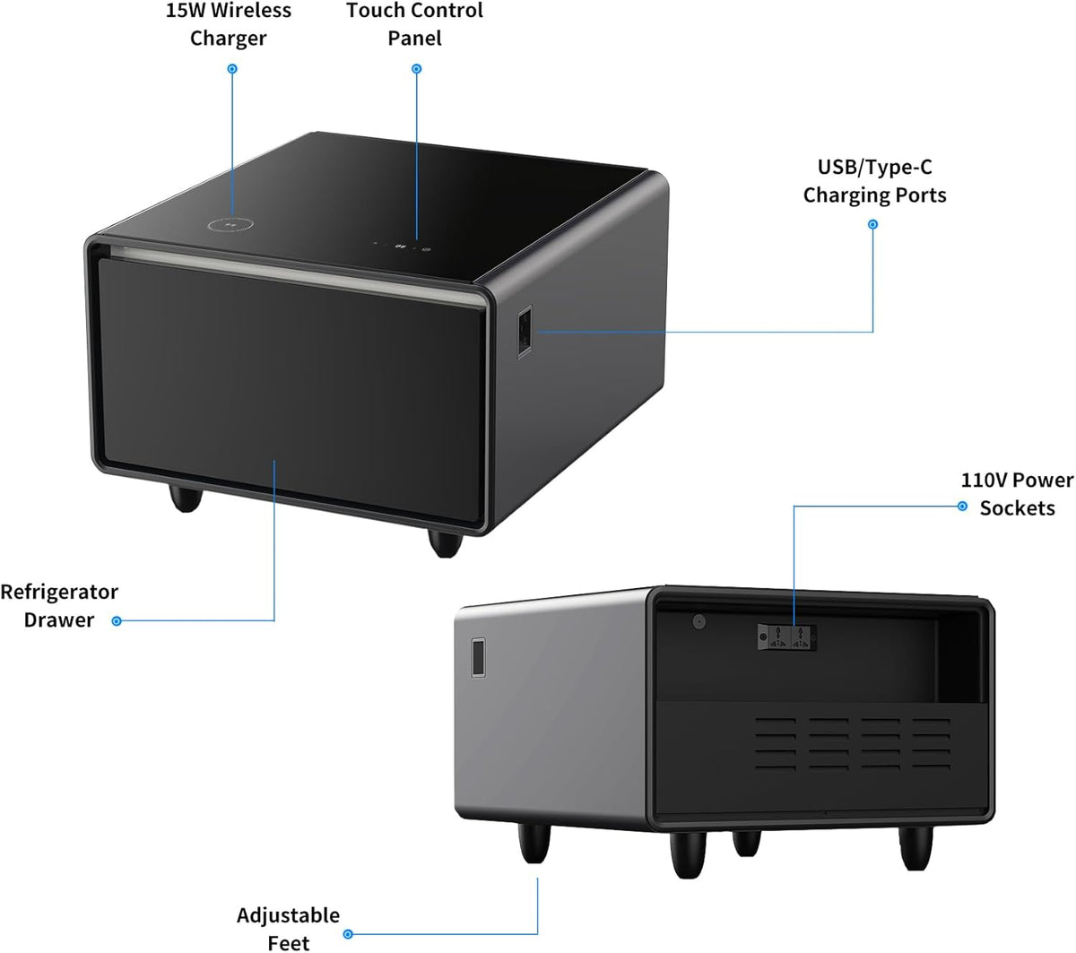 LUMISOL Smart Side Table with Built-in Fridge, Wireless Charging, Temperature Control, Power Socket, USB Ports, Outlet Protection, Induction Light, Black
