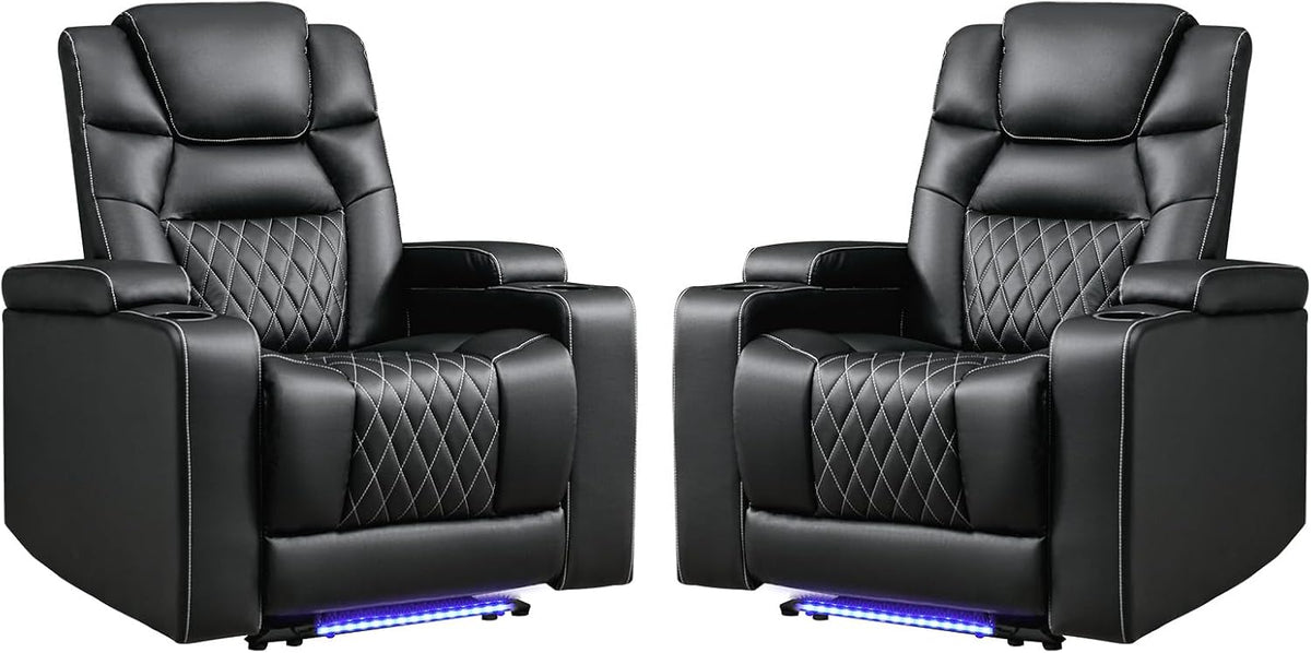 ANJ Power Home Theater Recliner Chair Set of 2, Electric Movie Theater Seating Reclining Chairs with Cup Holders for Living Room, Faux Leather with Blue LED, USB Ports, Hidden Arm Storage (Black)
