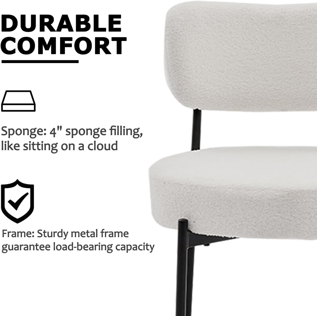 Boucle Dining Chair Set of 6, Mid Century Modern Upholstered Kitchen Chairs with Curved Backrest & Black Metal Legs, Round Dining Room Chairs, White