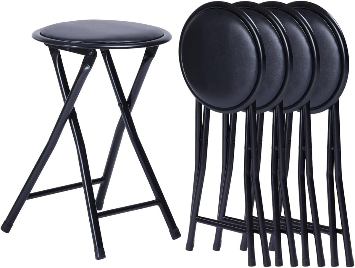Homy Casa 18-Inch Backless Folding Stools with Soft Seat, Portable Waterproof Faux Leather Stools Foldable Chairs with Sturdy Frame for Indoor and Outdoor Use (Black, Set of 4)