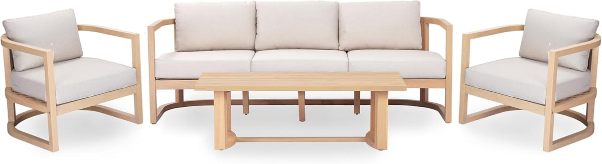 Merax 4 Piece Rattan Woven Paito Conversation Set, All-Weather Acacia Wood 3 Seater Sofa,2 Club Armchairs with Cushions, 1 Coffee Table for Porch, Lawn, Backyard, Balcony, Light Teak