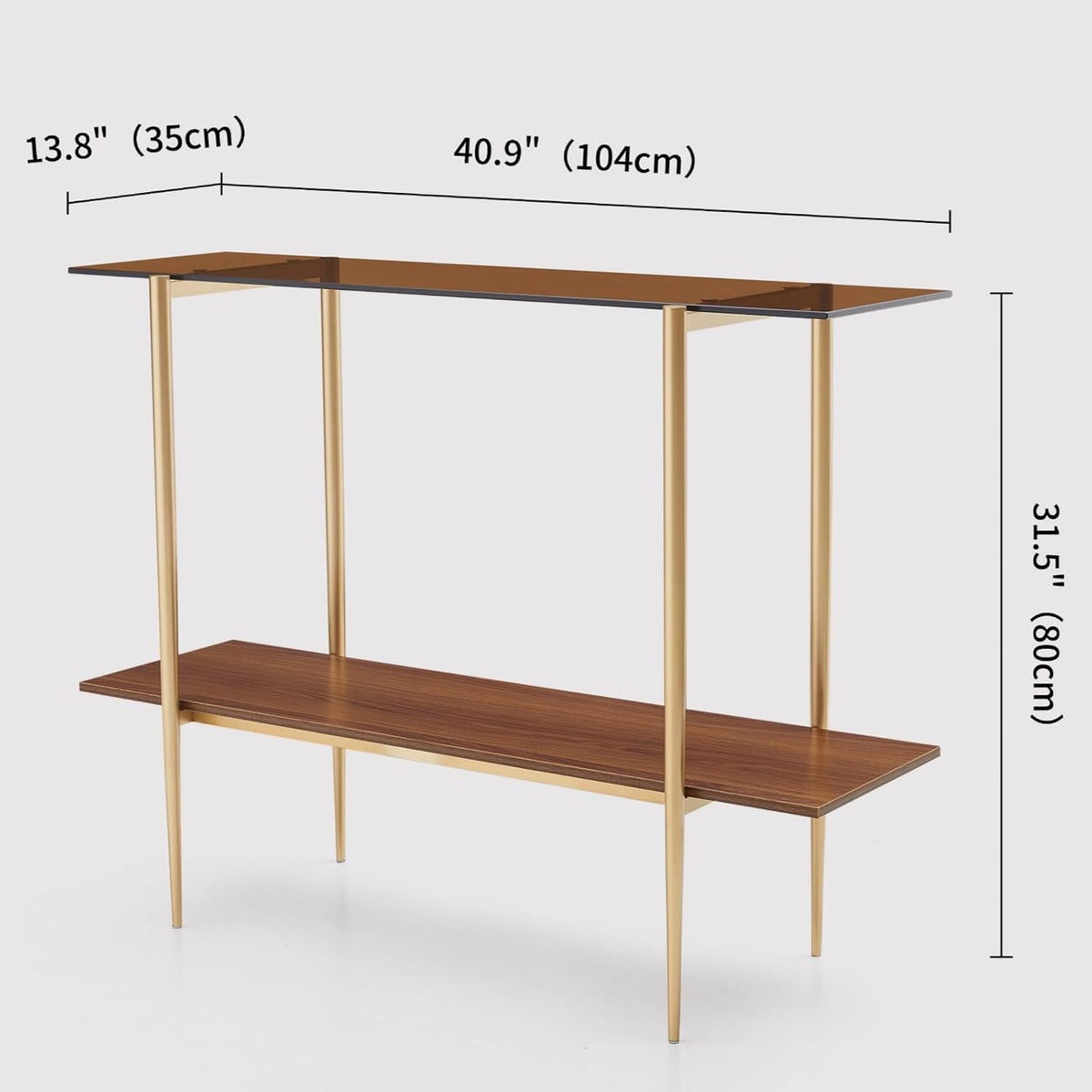 LumFurn Glass Console Table for Living Room, Foyer & Entrance, 2-Tiers Mid-Century Modern Sofa Table with Amber Glass Top, Walnut Finish Wood Shelf and Gold Finish Frame