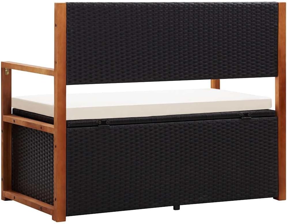 45.3" Outdoor Storage Bench - Poly Rattan Garden Bench with Solid Acacia Wood Armrests, Large Capacity Patio Seat with Removable Cushion for Backyard, Porch and Indoor Use, Black