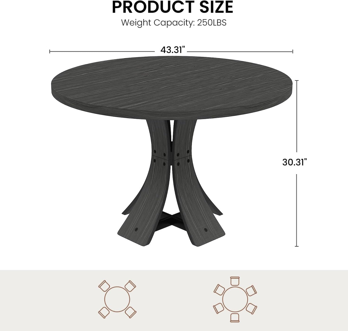 43.3" Round Dining Table for 4-6 People, Farmhouse Kitchen Table for 4-6, Mid Century Modern Circle Dining Table with Curved Solid Wood Frame for Kitchen Dining Room, Black