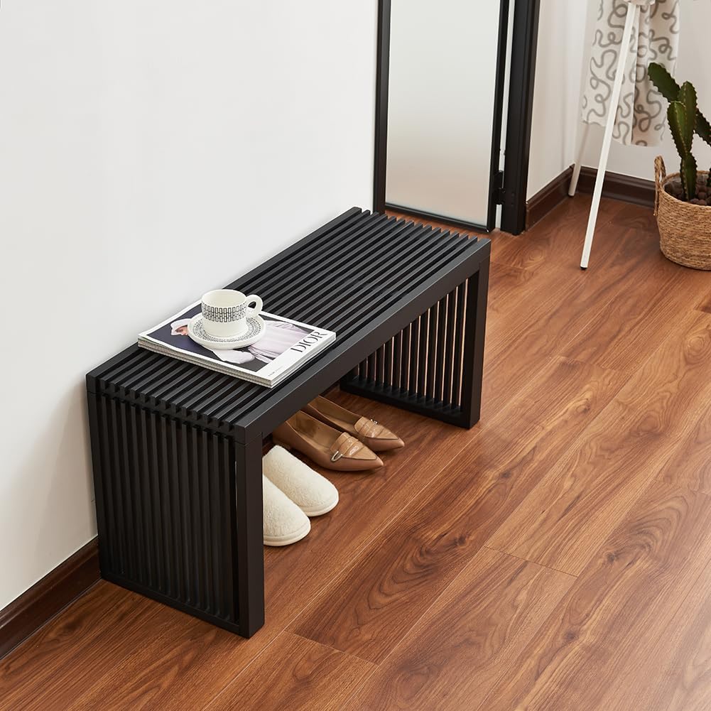 Versatile Wooden Slatted Bench - Sleek Modern Design for Dining, Entryway, Bedroom - Indoor Use with Storage Capability for Home, Kitchen, Bathroom & Beyond (Black)