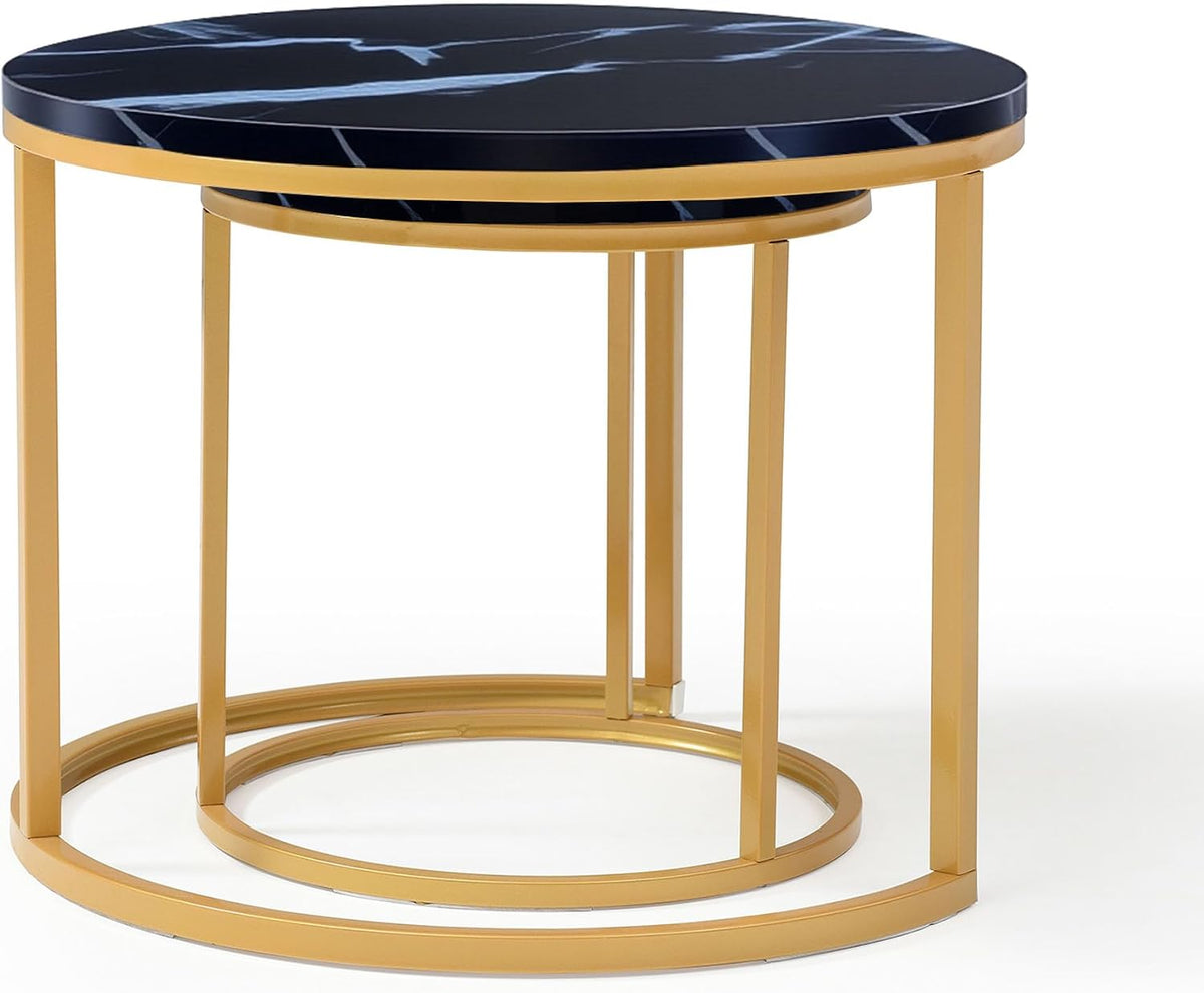 Anwick Set of 2 Circular Coffee Table, Nesting Design for Living Room, Small Round & Circle Coffee Table for Apartment, Sturdy Metal Frame (Black+Gold)