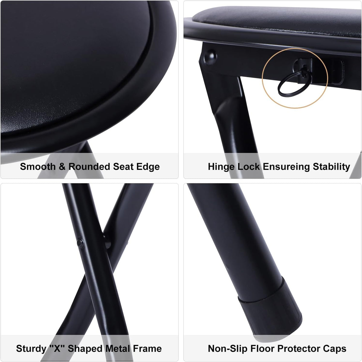 FurnitureR Folding Stool, Backless 18-Inch Stool Chair Collapsible Padded Round Portable for Indoor/Outdoor, Metal Frame, PVC Cushion, No Assembly Required, Set of 1, Black