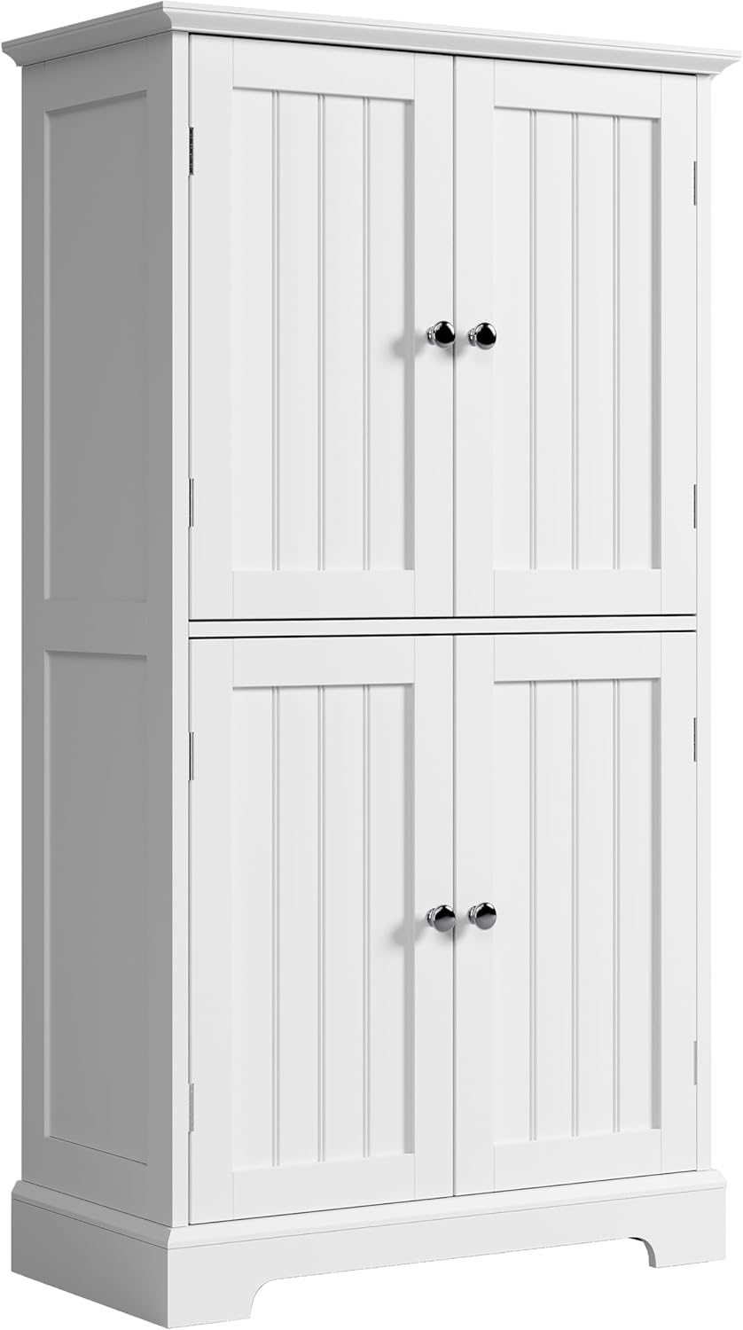 ChooChoo Bathroom Floor Cabinet, Modern Bathroom Storage Cabinet with 4 Doors and Adjustable Shelves, Freestanding Cupboard for Living Room, White | Bathroom Storage Cabinet, 4 Doors, Freestanding Cupboard for Living Room, White